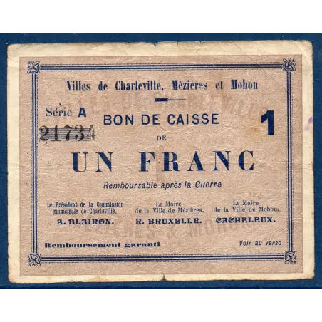 Bon ville Charleville, Mézières et Mohon 1 franc, TB, 3.7.1915 Pirot 08-101 Billet