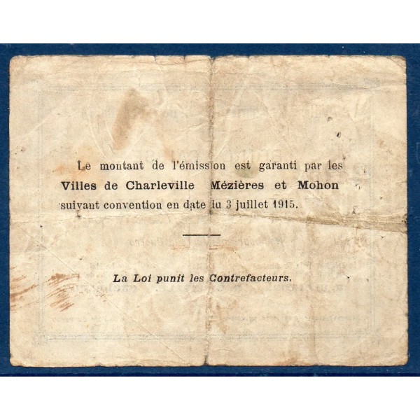Bon ville Charleville, Mézières et Mohon 1 franc, TB, 3.7.1915 Pirot 08-101 Billet