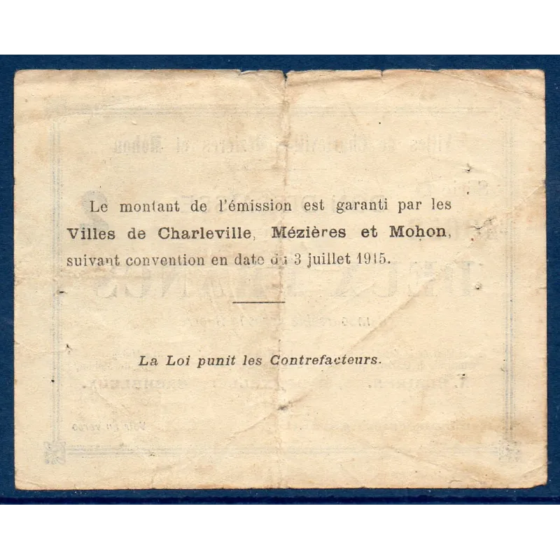 Bon ville Charleville, Mézières et Mohon 2 francs, TB, 3.7.1915 Pirot 08-102 Billet
