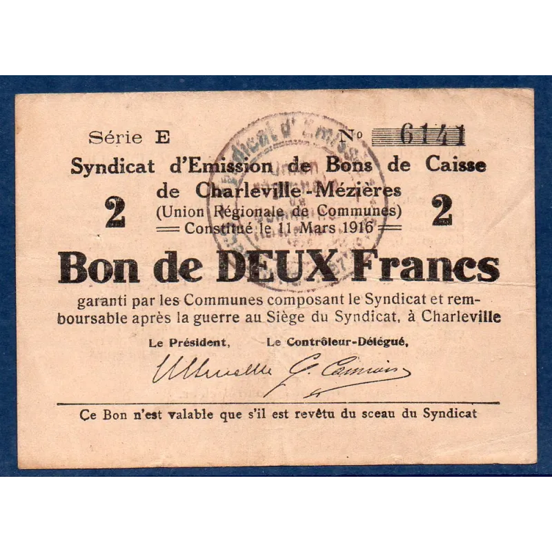 Bon ville Charleville et Mézières 2 francs, TB, 11.3.1916 Pirot 08-90 Billet Bon ville Charleville et Mézières 2 francs, TB, 11.3.1916 Pirot 08-90 Billet