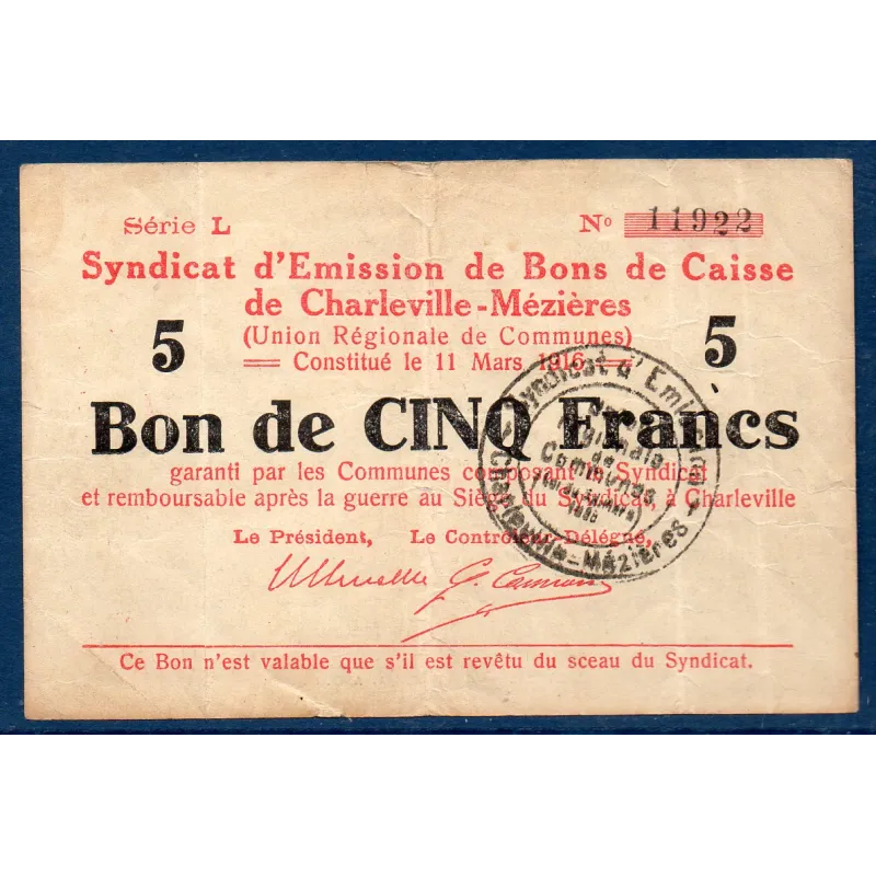 Bon ville Charleville et Mézières 5 francs, TB, 11.3.1916 Pirot 08-91 Billet Bon ville Charleville et Mézières 5 francs, TB, 11.3.1916 Pirot 08-91 Billet