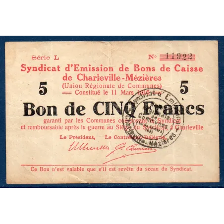 Bon ville Charleville et Mézières 5 francs, TB, 11.3.1916 Pirot 08-91 Billet