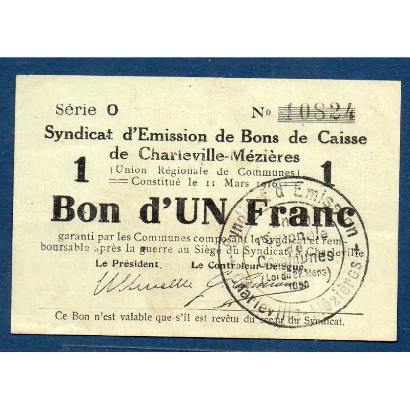 Bon ville Charleville et Mézières 1 franc, TTB, 11.3.1916 Pirot 08-89 Billet Bon ville Charleville et Mézières 1 franc, TTB, 11.3.1916 Pirot 08-89 Billet