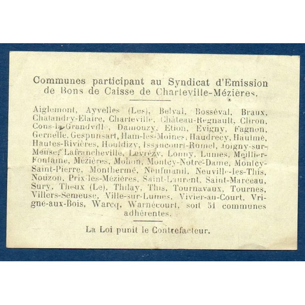 Bon ville Charleville et Mézières 1 franc, TTB, 11.3.1916 Pirot 08-89 Billet