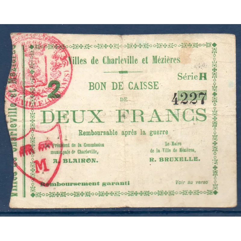 Bon ville Charleville et Mézières 2 francs, B, 7.9.1914 Pirot 08-73 Billet Bon ville Charleville et Mézières 2 francs, B, 7.9.1914 Pirot 08-73 Billet