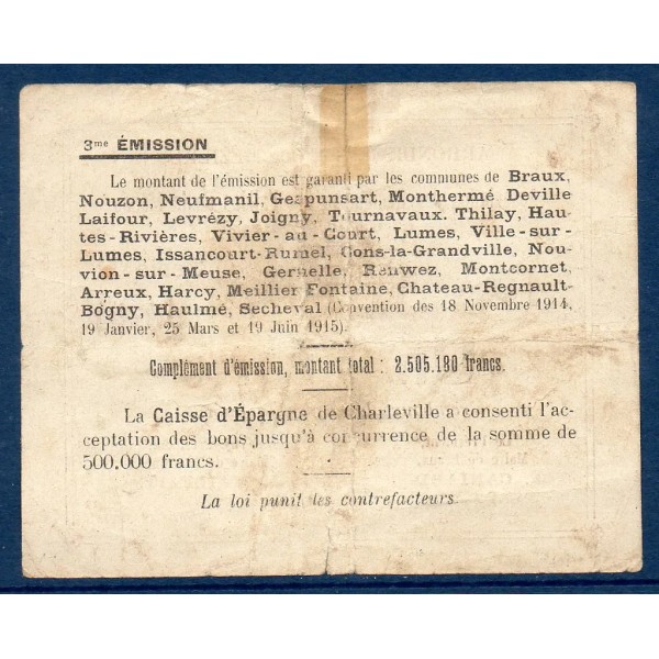 Bon Arrondissement de Mézière (Braux) 1 franc, B, 18.11.1914 Pirot 08-61 Billet