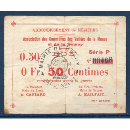 Bon Arrondissement de Mézière (Braux) 50 centimes, B+, 18.11.1914 Pirot 08-55 Billet