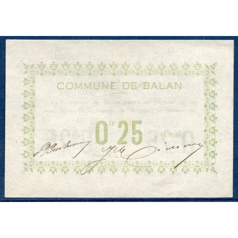 Bon ville Balan 25 centimes, Spl, 29.7.1915 Pirot 08-14 Billet Bon ville Balan 25 centimes, Spl, 29.7.1915 Pirot 08-14 Billet