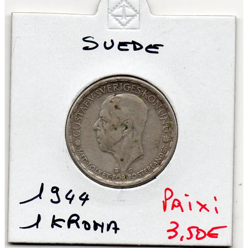 Suède 1 krona 1944 TB, KM.814 Gustaf V