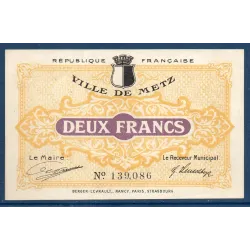 Bon ville Metz 2 francs, Sup, 27.12.1918 Pirot 57-16 Billet