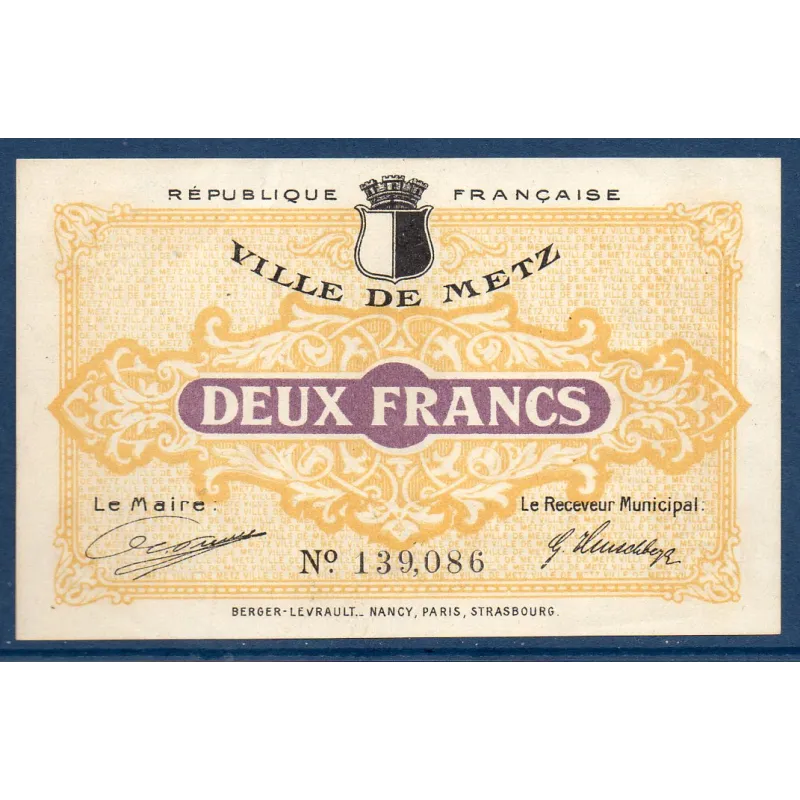 Bon ville Metz 2 francs, Sup, 27.12.1918 Pirot 57-16 Billet