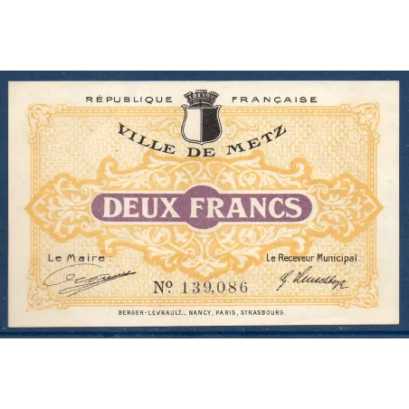 Bon ville Metz 2 francs, Sup, 27.12.1918 Pirot 57-16 Billet