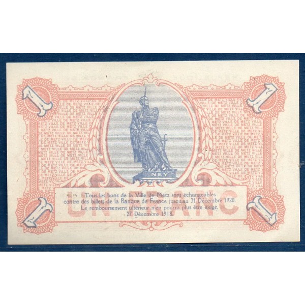 Bon ville Metz 1 franc, Spl, 27.12.1918 Pirot 57-13 Billet