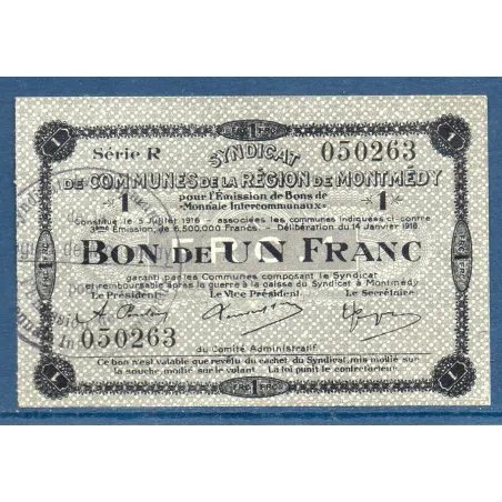 Bon intercommunaux Montmédy 1 franc, TTB+, 14.1.1918 Pirot 55-13 Billet