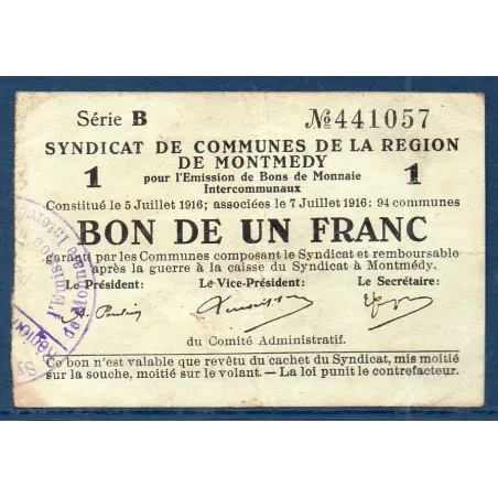 Bon intercommunaux Montmédy 1 franc, TB, 5.7.1916 Pirot 55-02 Billet