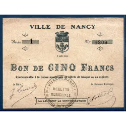 Bon ville Nancy 5 francs, TB, 2.8.1914 Pirot 54.83 Billet