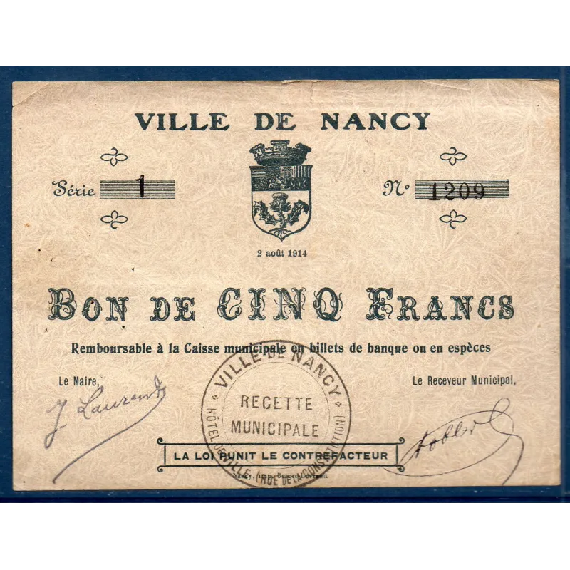 Bon ville Nancy 5 francs, TB, 2.8.1914 Pirot 54.83 Billet