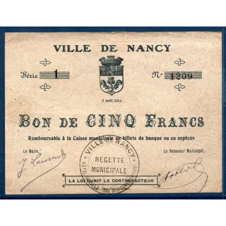 Bon ville Nancy 5 francs, TB, 2.8.1914 Pirot 54.83 Billet