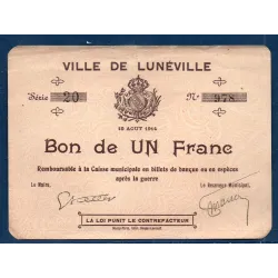 Bon ville Lunéville 1 franc, TTB-, 10.8.1914 Pirot 54.75 Billet