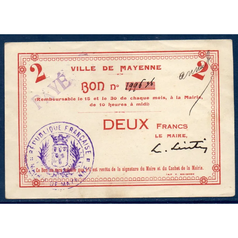 Bon ville Mayenne 2 francs, TTb, ND Pirot 53.09 Billet