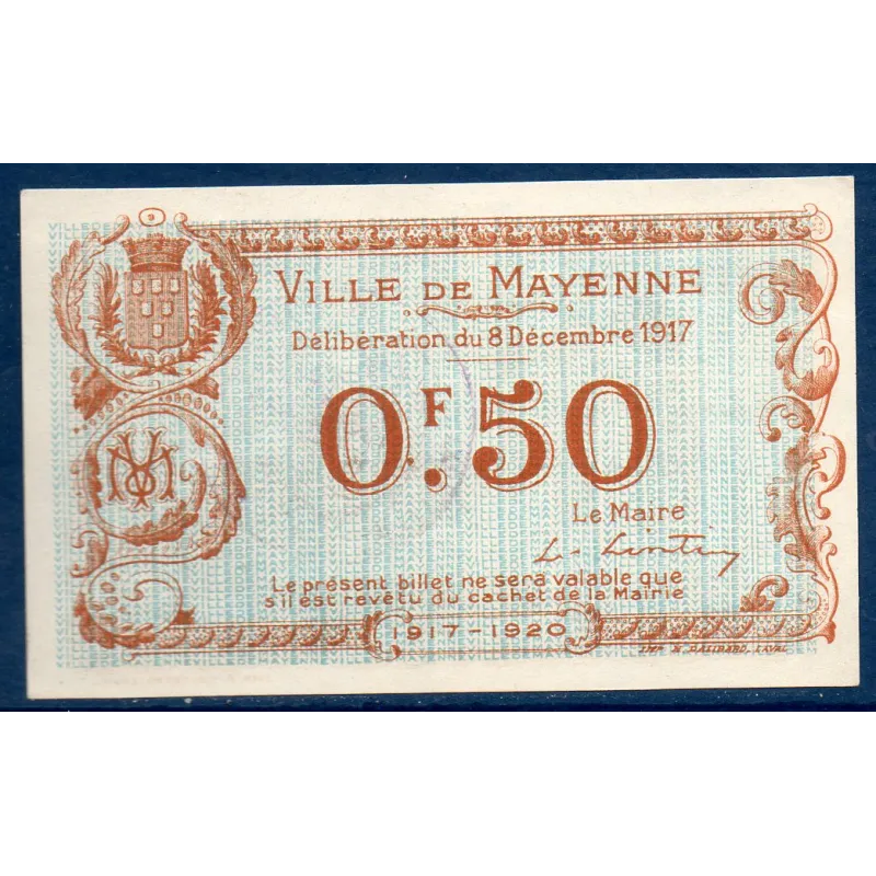Bon ville Mayenne 50 centimes, Spl, 8.12.1917 Pirot 53.14 Billet