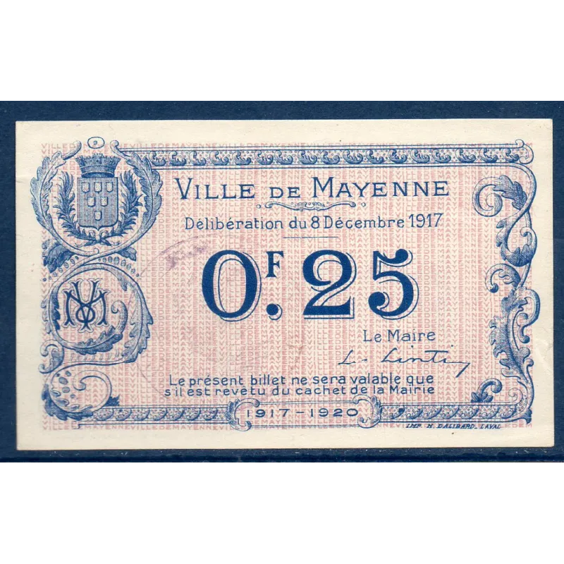 Bon ville Mayenne 25 centimes, Sup, 8.12.1917 Pirot 53.25 Billet