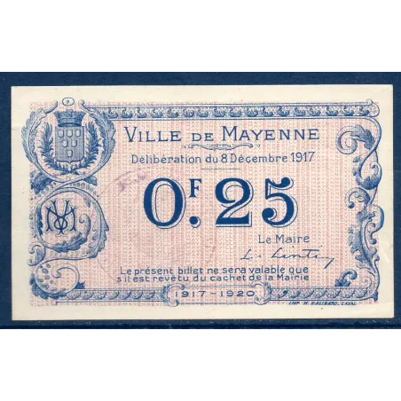 Bon ville Mayenne 25 centimes, Sup, 8.12.1917 Pirot 53.25 Billet