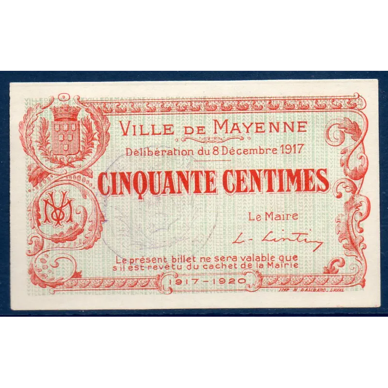 Bon ville Mayenne 50 centimes, Neuf, 8.12.1917 Pirot 53.18 Billet