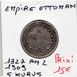 Empire Ottoman 5 Kurus 1327 AH an 2 - 1911 Sup, KM.750 Mehmet V