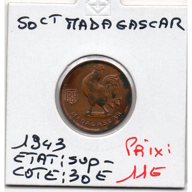 Madagascar 50 centimes 1943 Sup-, Lec.93 Coq france libre