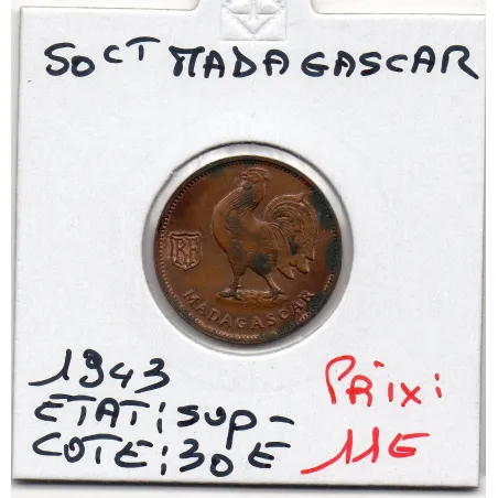 Madagascar 50 centimes 1943 Sup-, Lec.93 Coq france libre