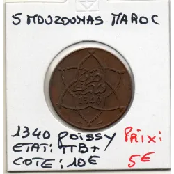 Maroc 5 Mouzounas 1340 AH -1921 Poissy TTB+, Lec 69 pièce de monnaie