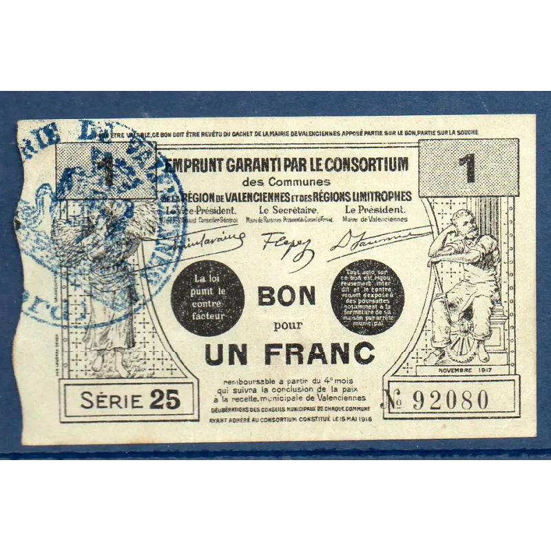 Bon ville Région Valenciennes et limitrophes 1 franc, TTB+, 11.1917 Pirot 59-2583 Billet Bon ville Région Valenciennes et limitrophes 1 franc, TTB+, 11.1917 Pirot 59-2583 Billet