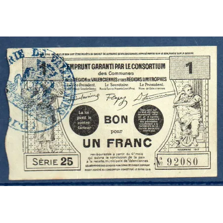 Bon ville Région Valenciennes et limitrophes 1 franc, TTB+, 11.1917 Pirot 59-2583 Billet