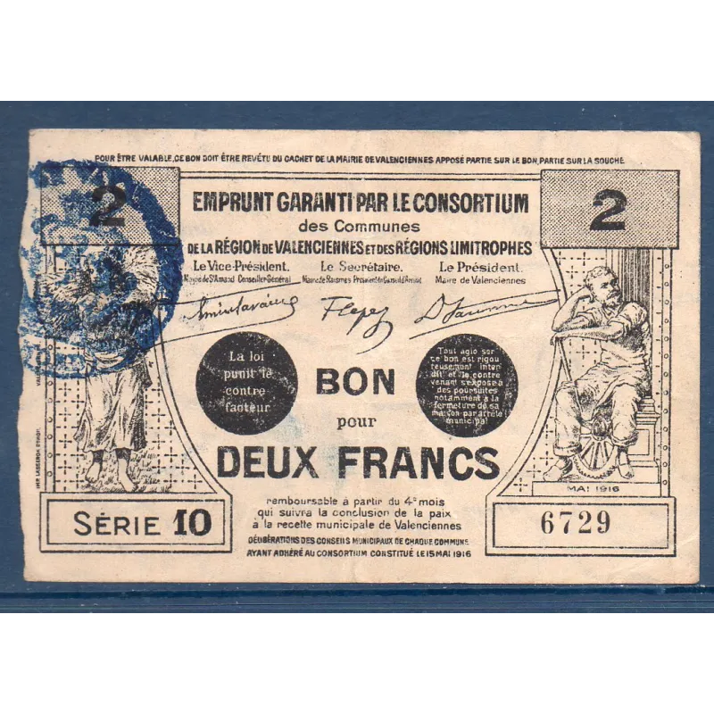 Bon ville Région Valenciennes et limitrophes 2 francs, TTB, 15.5.1916 Pirot 59-2567 Billet Bon ville Région Valenciennes et limitrophes 2 francs, TTB, 15.5.1916 Pirot 59-2567 Billet