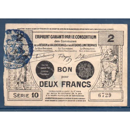 Bon ville Région Valenciennes et limitrophes 2 francs, TTB, 15.5.1916 Pirot 59-2567 Billet