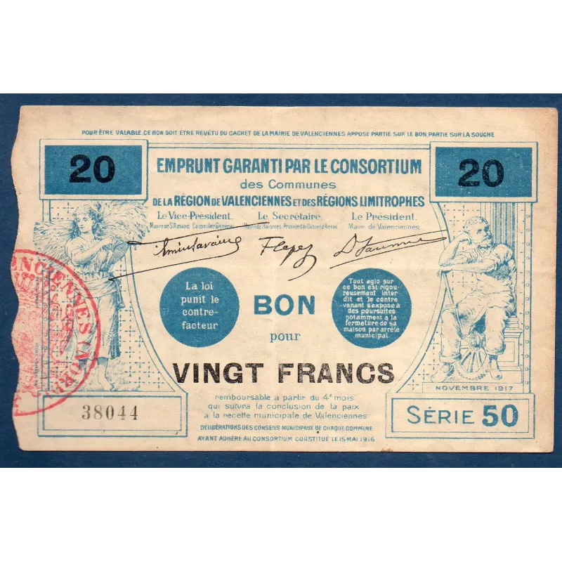 Bon ville Région Valenciennes et limitrophes 20 francs, TTB, 11.1917 Pirot 59-2587 Billet Bon ville Région Valenciennes et limitrophes 20 francs, TTB, 11.1917 Pirot 59-2587 Billet