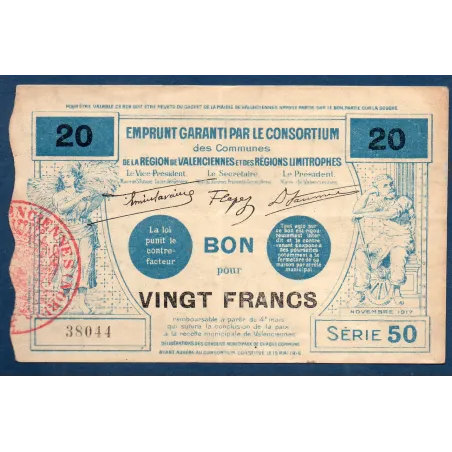 Bon ville Région Valenciennes et limitrophes 20 francs, TTB, 11.1917 Pirot 59-2587 Billet