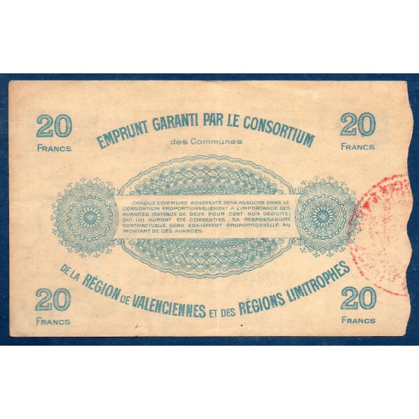 Bon ville Région Valenciennes et limitrophes 20 francs, TTB, 11.1917 Pirot 59-2587 Billet