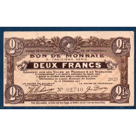 Bon ville Roubaix et Tourcoing 2 francs, TTB, 15.12.1917 Pirot 59-2213 Billet