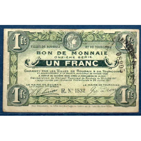Bon ville Roubaix et Tourcoing 1 franc, TB, 20.7.1917 Pirot 59-2174 Billet
