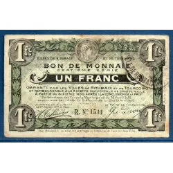 Bon ville Roubaix et Tourcoing 1 franc, TB, 20.4.1916 Pirot 59-2085 Billet