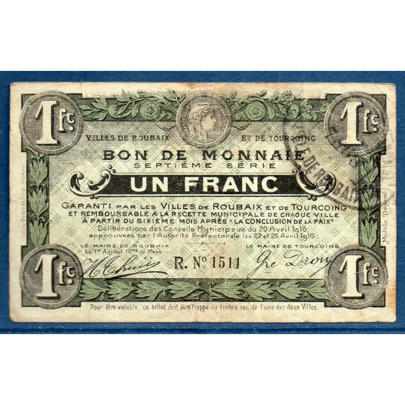 Bon ville Roubaix et Tourcoing 1 franc, TB, 20.4.1916 Pirot 59-2085 Billet Bon ville Roubaix et Tourcoing 1 franc, TB, 20.4.1916 Pirot 59-2085 Billet