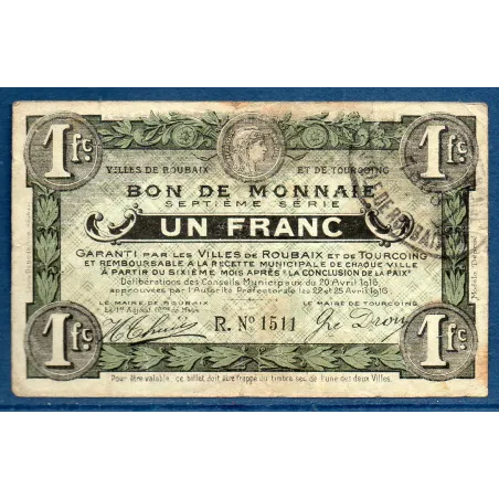 Bon ville Roubaix et Tourcoing 1 franc, TB, 20.4.1916 Pirot 59-2085 Billet