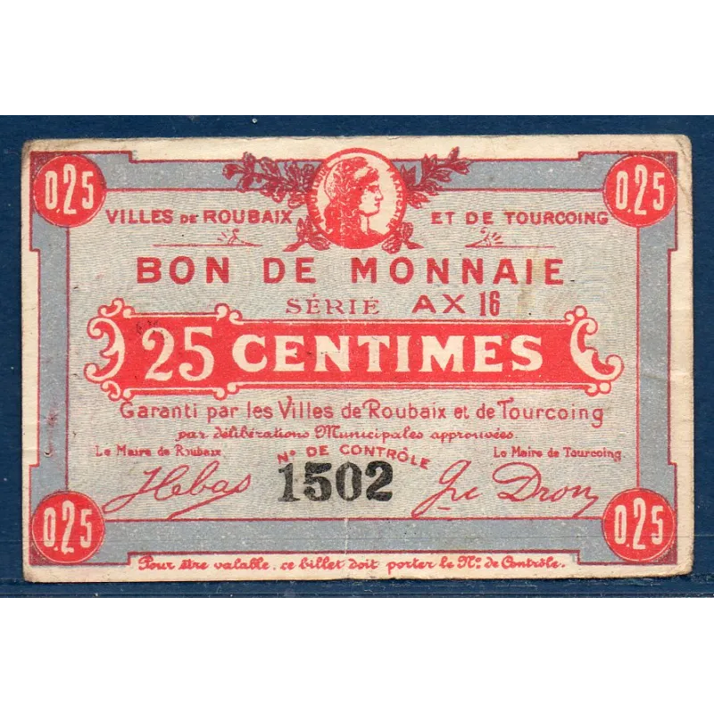 Bon ville Roubaix et Tourcoing 25 centimes, TB, ND Pirot 59-2049 Billet Bon ville Roubaix et Tourcoing 25 centimes, TB, ND Pirot 59-2049 Billet