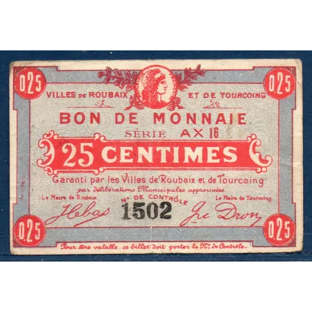 Bon ville Roubaix et Tourcoing 25 centimes, TB, ND Pirot 59-2049 Billet