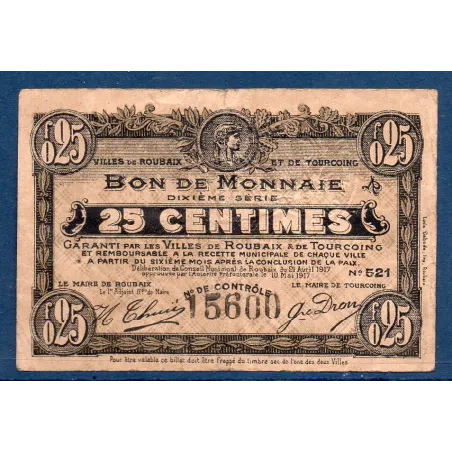 Bon ville Roubaix et Tourcoing 25 centimes, TB, 21.4.1917 Pirot 59-2151 Billet