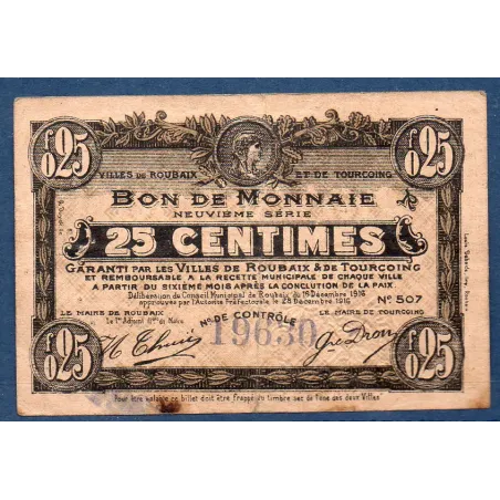 Bon ville Roubaix et Tourcoing 25 centimes, TB, 16.12.1916 Pirot 59-2128 Billet