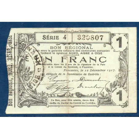 Bon régional Nord, Aisne et Oise (Fourmies) 1 franc, TTB, 12.12.1917 Pirot 59-1133 Billet