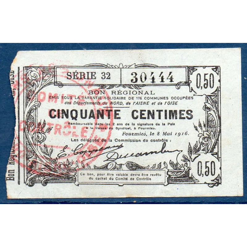 Bon régional Nord, Aisne et Oise (Fourmies) 50 centimes, TTB, 8.5.1916 Pirot 59-1115 Billet Bon régional Nord, Aisne et Oise (Fourmies) 50 centimes, TTB, 8.5.1916 Pirot 59-1115 Billet